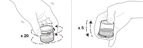 Mani che ruotano delicatamente un flaconcino con liquido, frecce indicano movimenti circolari x20 e verticali x5