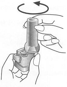 Dispositivo medico cilindrico tenuto da una mano con meccanismo di blocco e freccia che indica rotazione