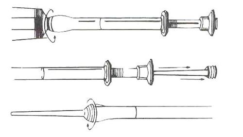 Siringa schematica con ago, due pistoni e meccanismo di rilascio rapido illustrato in diverse fasi di assemblaggio e utilizzo