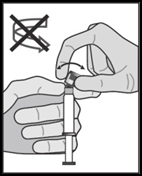 Mani che tengono una fiala e una siringa collegate, con una freccia curva che indica il movimento di rotazione e una croce sopra