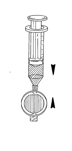 Siringa schematica con stantuffo graduato e ago rivolto verso il basso con freccia indicante la direzione