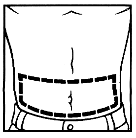 Addome stilizzato con linea tratteggiata a forma di rettangolo e frecce che indicano il sito di iniezione sottocutanea