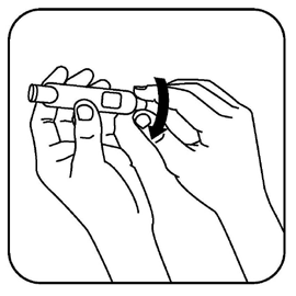 Mano che ruota un dispositivo penna iniettabile con freccia curva che indica la direzione di rotazione