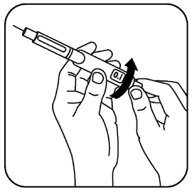 Mano che regola la dose su un dispositivo per iniezione con ago visibile e freccia che indica la rotazione del selettore