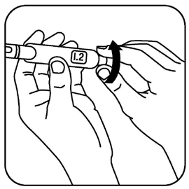 Mano che ruota un dispositivo penna iniettabile con indicatore numerico 12 e freccia di rotazione nera