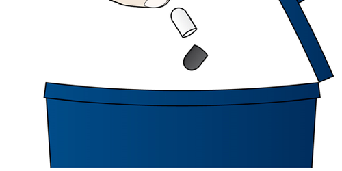 Contenitore blu aperto con un tampone di cotone bianco e un oggetto nero all