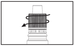 Cartuccia farmaceutica con indicazione di rotazione tramite freccia curva e linee verticali che ne indicano il contenuto