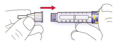 Mano che collega un ago a una siringa graduata blu, freccia rossa indica la direzione di inserimento