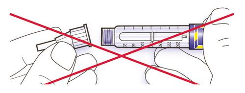 Siringa pre-riempita con ago, barrata da una croce rossa, tenuta da una mano stilizzata indicando di non utilizzare