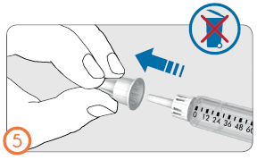 Siringa con ago collegato e indicazioni di dosaggio numerate da 0 a 60, freccia blu che indica la direzione e simbolo di divieto su contenitore