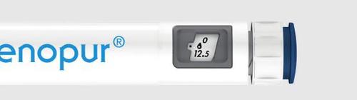 Penna iniettabile Wenopur bianca con display digitale che mostra 0 12.5 e pulsante blu