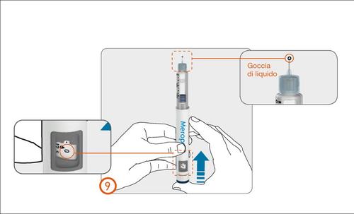 Mano che tiene una penna per iniezione con ago inserito, goccia di liquido visibile e indicazione freccia verso l
