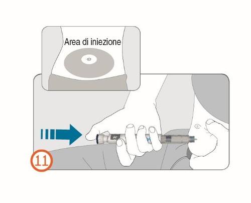 Mano che tiene un dispositivo per iniezione sottocutanea con ago inserito nella zona addominale indicata da un cerchio concentrico
