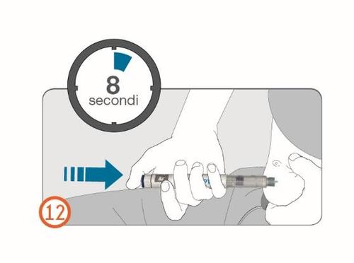 Mano che tiene un dispositivo per iniezione con ago inserito nella pelle e freccia blu che indica la pressione per 8 secondi con indicatore 12