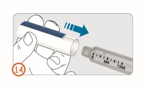 Mano che afferra un iniettore precompilato blu con freccia azzurra e siringa trasparente graduata con numeri e tacche