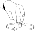Mano che ruota un dispositivo cilindrico con frecce curve attorno e un piccolo pulsante sulla parte superiore