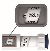 Indicatore di dose su penna iniettabile con numeri 262 5 e 275 visibili e scala graduata da 0 a 30 unit&agrave;