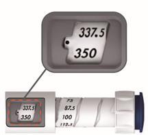 Penna iniettabile con indicatore di dose e cartuccia parziale visibile con numeri 337.5 e 350 in evidenza