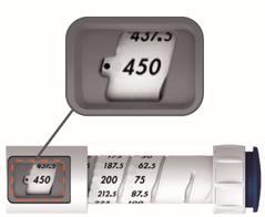 Penna iniettabile con scala graduata da 1875 a 2125 unit&agrave;, finestra con indicazione 450 e pistone blu