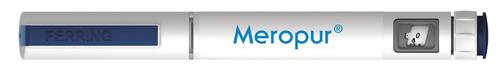 Penna precompilata bianca e blu con il marchio Ferring e Meropur visibile su di essa e un display numerico