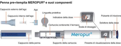 Penna pre-riempita Meropur con ago, cartuccia del farmaco, selettore della dose e indicatori di dosaggio visualizzati