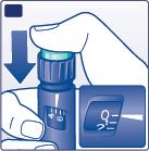 Mano che tiene e preme un iniettore blu con ago visibile su una cartuccia graduata con numeri e linee di misurazione