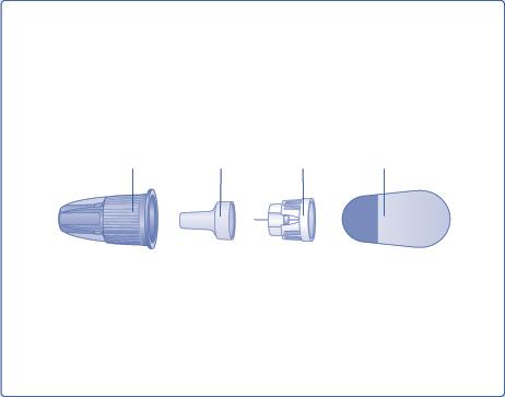 Componenti di un dispositivo medico: cappuccio protettivo, adattatore, ago e siringa preriempiita parzialmente visibile