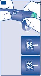 Penna iniettabile blu con indicatore numerico e freccia direzionale verso l