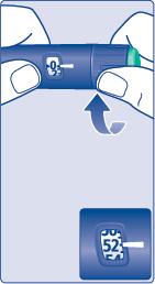 Penna iniettabile blu con indicatore di dose 05 e freccia che indica la pressione verso il basso su un quadrato blu con numero 52