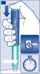 Penna per iniezione blu e verde tenuta in mano, con display che indica 0 unità e cronometro impostato su 5 secondi