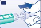 Mano che collega una siringa verde con un ago trasparente, freccia blu indica la direzione di connessione