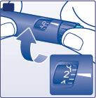 Penna iniettabile blu con indicatore di dose e freccia che mostra la rotazione per impostare l