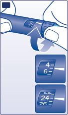 Penna precompilata con ago, freccia che indica la pressione e finestra di visualizzazione con numeri da 4 a 26