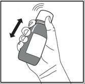 Mano che agita un flacone di farmaco grigio con un