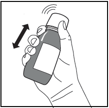 Mano che agita un flacone medicinale grigio con etichetta bianca e freccia nera che indica il movimento