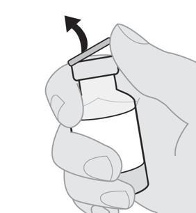 Mano che afferra un flaconcino medicinale con un tappo da rimuovere indicato da una freccia curva