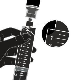 Mano che tiene una siringa graduata con scala numerica e cerchio ingrandito che mostra i numeri 1 e 2 sulla scala