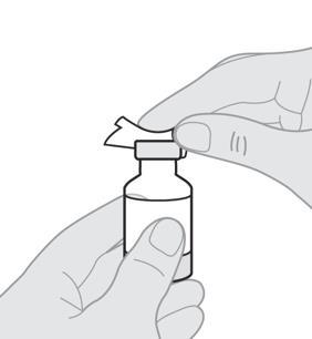 Mano che rimuove il tappo sigillante da un flaconcino di medicinale trasparente contenente liquido