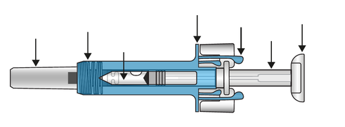 Siringa preriempita con stantuffo a molla visibile, ago protetto da cappuccio di sicurezza blu e indicazioni freccia