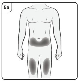 Schema del corpo umano con aree ombreggiate che indicano le regioni di iniezione addominale e cosce