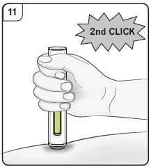 Mano che tiene un dispositivo autoiniettante con indicatore verde e scritta “2nd CLICK” in un fumetto
