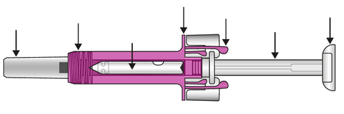 Siringa preriempita con stantuffo visibile e ago protetto da cappuccio di sicurezza trasparente frecce indicano le parti