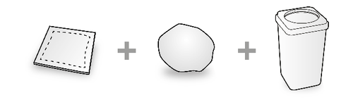 Busta sigillata, fiala di vetro e contenitore per rifiuti medicinali illustrati con simboli più e ombreggiature