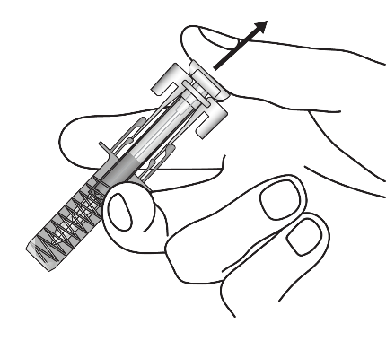 Mano che afferra un dispositivo per iniezione auto-iniettante con ago esposto e freccia che indica la direzione di inserimento