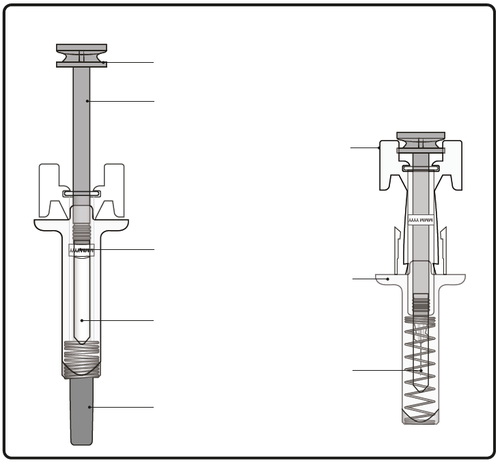 Schema di due dispositivi di iniezione con componenti interni visibili, inclusi pistoni, molle e connettori