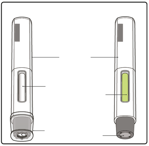 Due penne per insulina con indicatori di dose e pulsanti di rilascio evidenziati da frecce e colori differenti