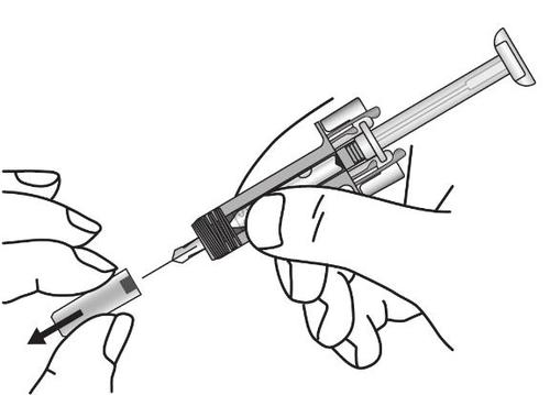 Mano che afferra una siringa preriempita con ago inserito nella pelle, freccia nera indica direzione di iniezione sottocutanea