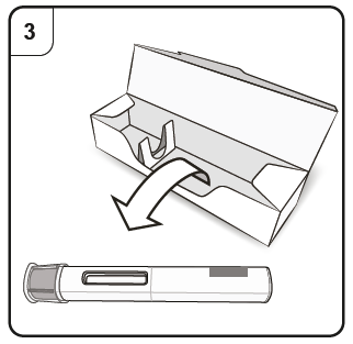Confezione di cartone aperta con una freccia che indica l