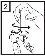 Dispositivo autoiniettante tenuto con due mani, rotazione della ghiera inferiore indicata da frecce circolari e direzionali