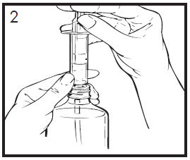 Mano che tiene una siringa sopra un flacone di medicinale trasparente per prelevare il liquido attraverso l